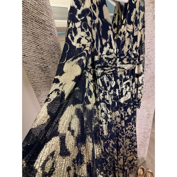 BETSY & ADAM Elle Long Sleeve Side Ruffled Slit Gown Size 8 Navy Evening Formal - Picture 5 of 6